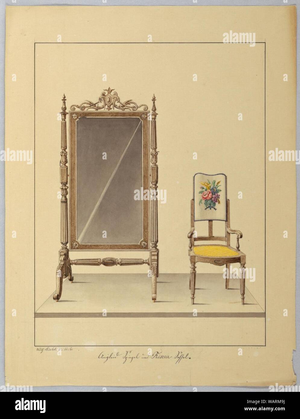 Dibujo, reflejo en el pedestal giratorio y brazo abierto Silla, motivos florales, 1860 Foto de stock