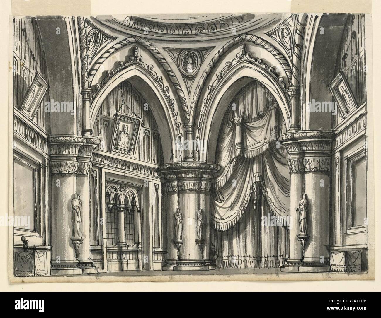 Dibujo, Escenografía, Interior de gran salón gótico con arcos ojivales, 1828 Foto de stock