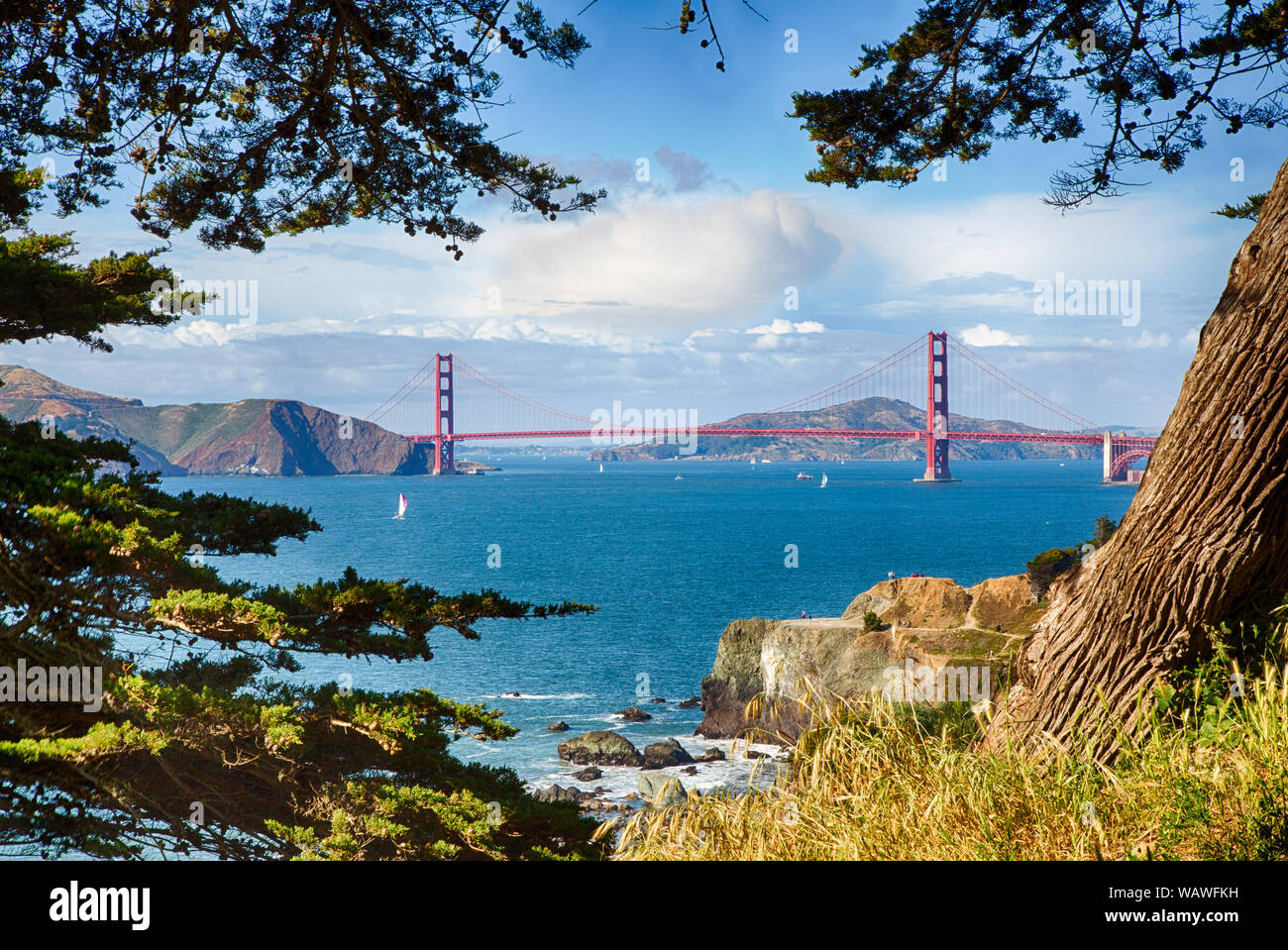 Barcos de vela en la bahía de San Francisco con el Golden Gate Bridge en el fondo como tomada de Lands End. Foto de stock