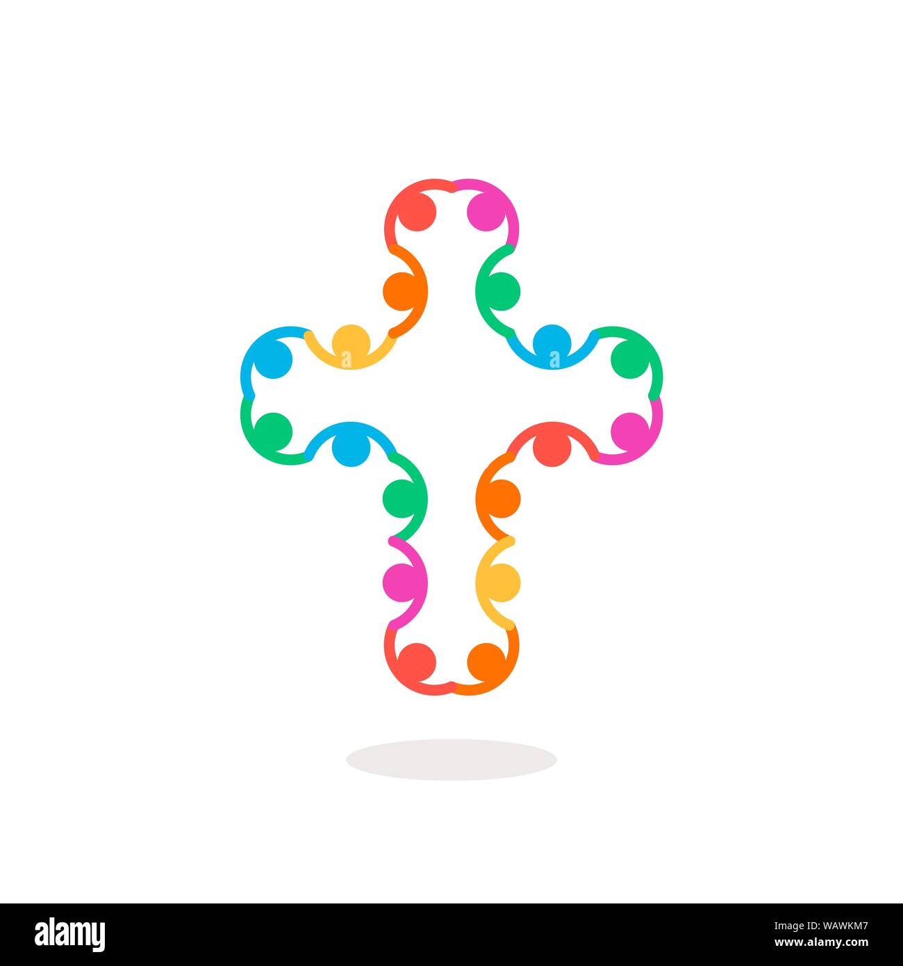Símbolo cristiano, colorido pueblo cruza el icono de conexión. Plantilla de logotipo de la Iglesia. Ilustración vectorial aislados. Ilustración del Vector