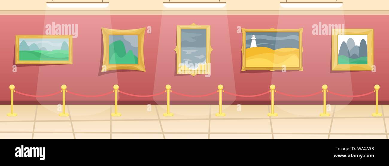 Museo de Bellas Artes. Sala con pinturas en el dorado baguettes, cercada de los visitantes. Art. plana clásica ilustración vectorial. Ilustración del Vector