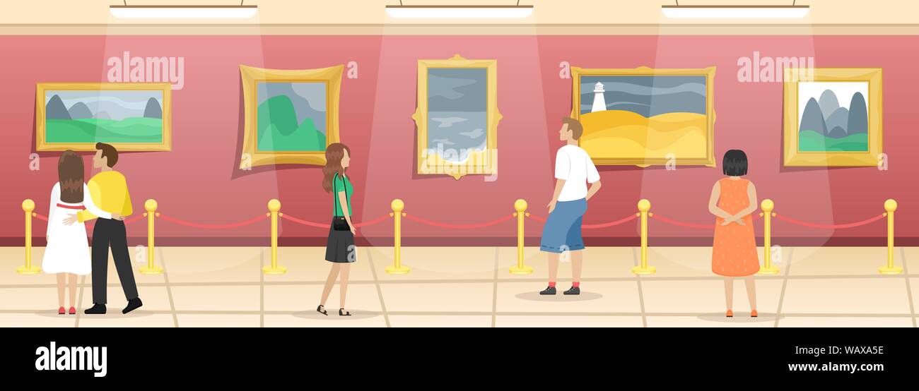 Museo de Bellas Artes con los visitantes. Sala con pinturas en el dorado baguettes, cercada de los visitantes. Art. plana clásica ilustración vectorial. Ilustración del Vector