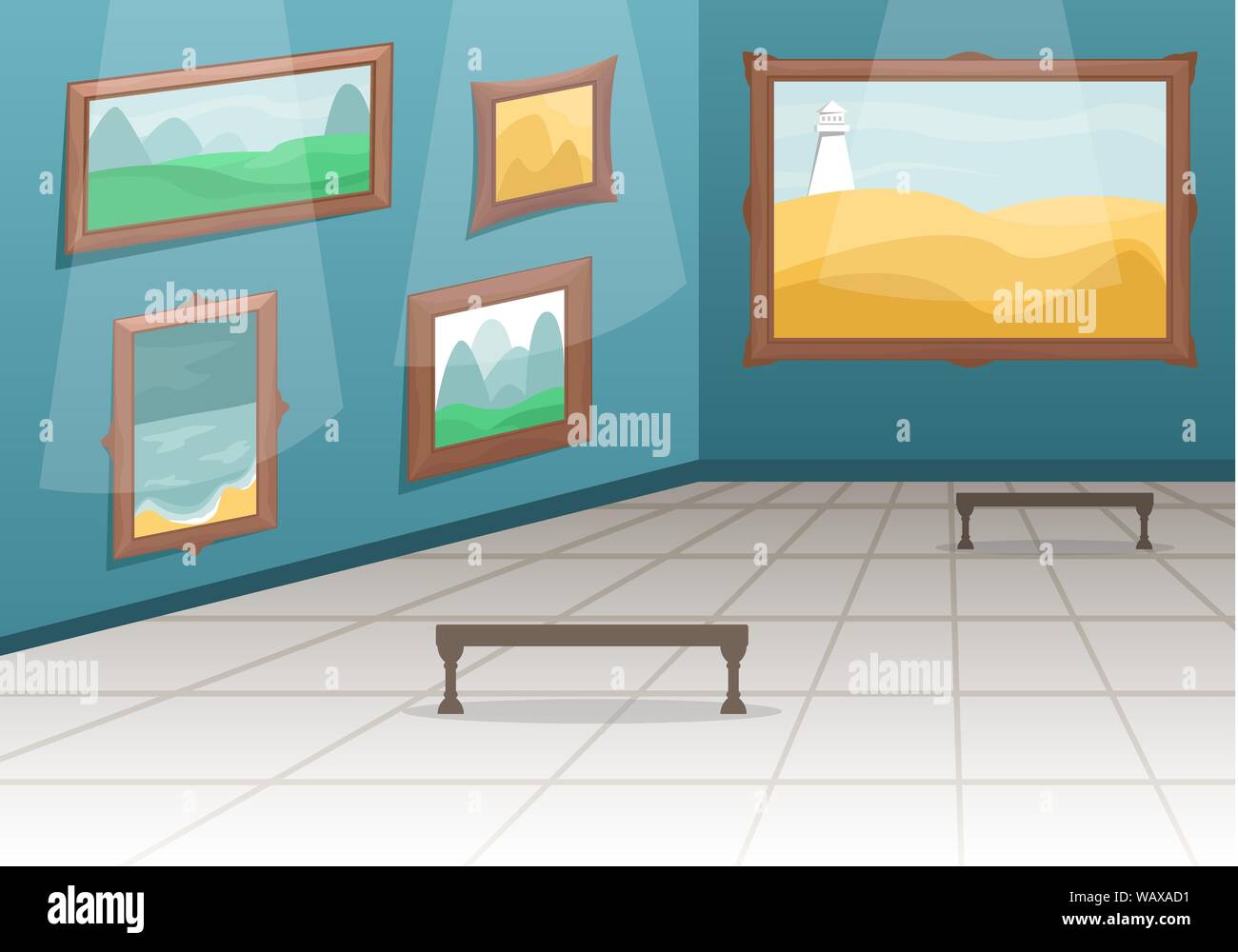 Museo de Bellas Artes. Sala con pinturas en el dorado baguettes, cercada de los visitantes. Arte clásico Cartoon ilustración vectorial. Ilustración del Vector