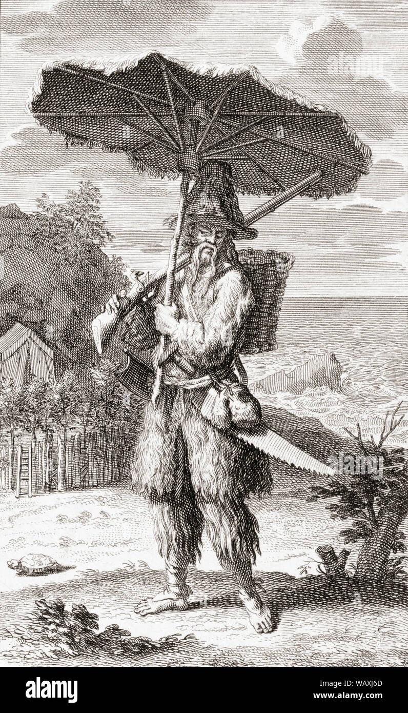 Robinson Crusoe, héroe epónimo del autor inglés Daniel Defoe's 1719 novela. Daniel Defoe, 1660-1731, nació Daniel Foe. Después de un trabajo del siglo XVIII por Bernard Picart. Foto de stock