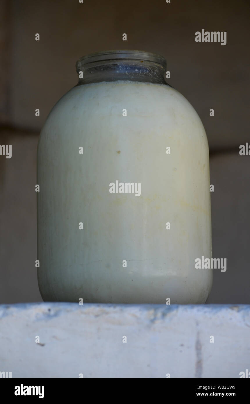 El yogur hecho tradicional en una granja en las montañas de Nurata, Central de Uzbekistán Foto de stock