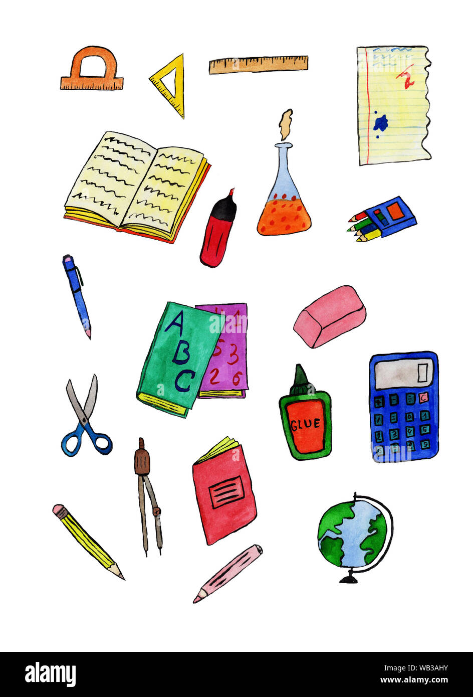 Conjunto de útiles escolares de diferentes colores, lápices, acuarela libros  Fotografía de stock - Alamy
