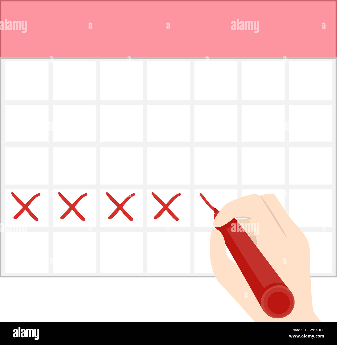 Ilustración de una mano sujetando un marcador cruzando un calendario en  blanco de la plantilla para marcar su período menstrual Fotografía de stock  - Alamy