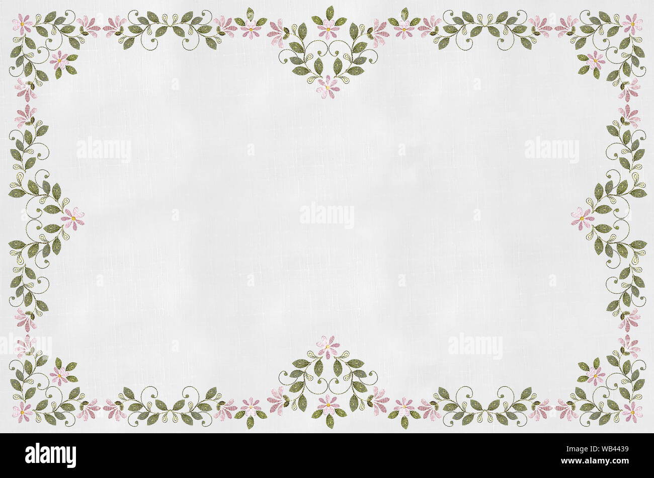 Bordados para mantel de delicadas flores rosadas y hojas con rizos  Fotografía de stock - Alamy