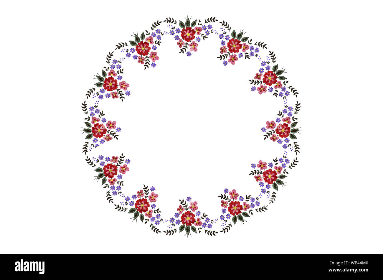 Patrón redondo para servilletas bordados con color rojo púrpura y ramo de  flores y hojas sobre fondo blanco Fotografía de stock - Alamy