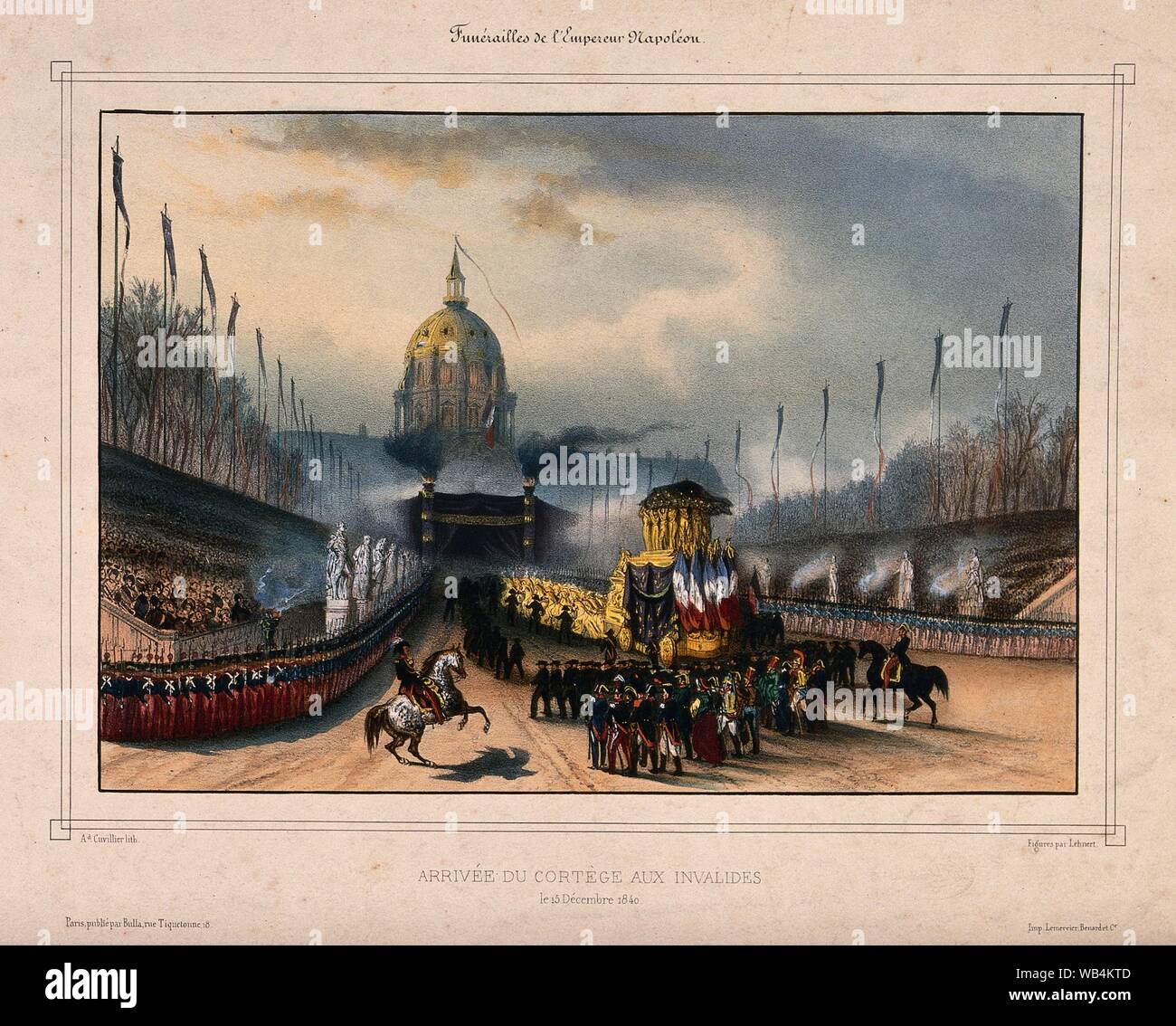 El cortejo fúnebre formado por Napoleón Bonaparte llega a las cúpulas des Invalides en París en 1840. Litografía de color .jpg - WB4KTD Foto de stock