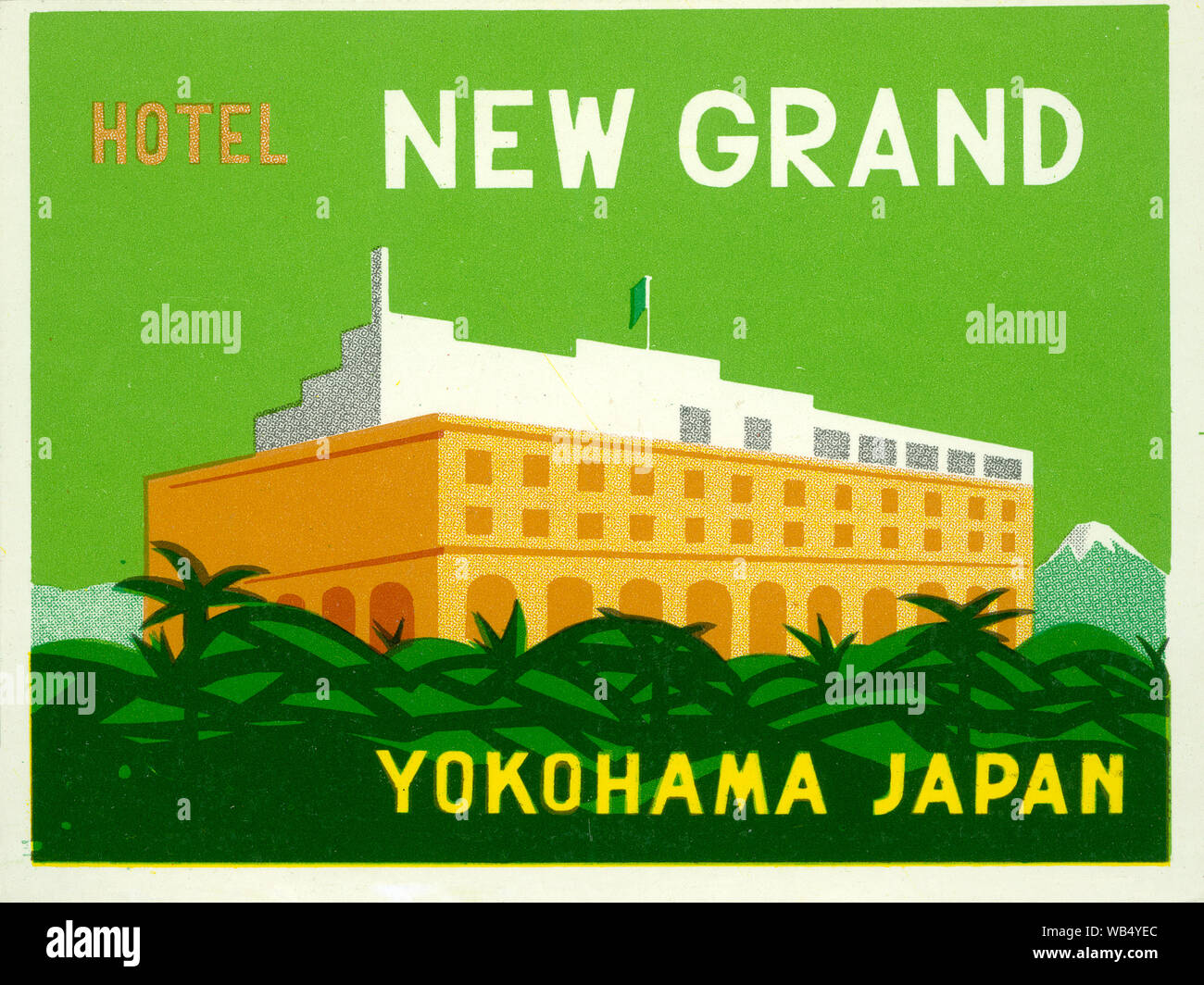 [ Pre-guerra en el Japón - Yokohama Grand Hotel Nueva etiqueta ] - Etiqueta de Equipaje para el Nuevo Grand Hotel en Yokohama Yokohama, Prefectura. Etiqueta Vintage del siglo xx. Foto de stock