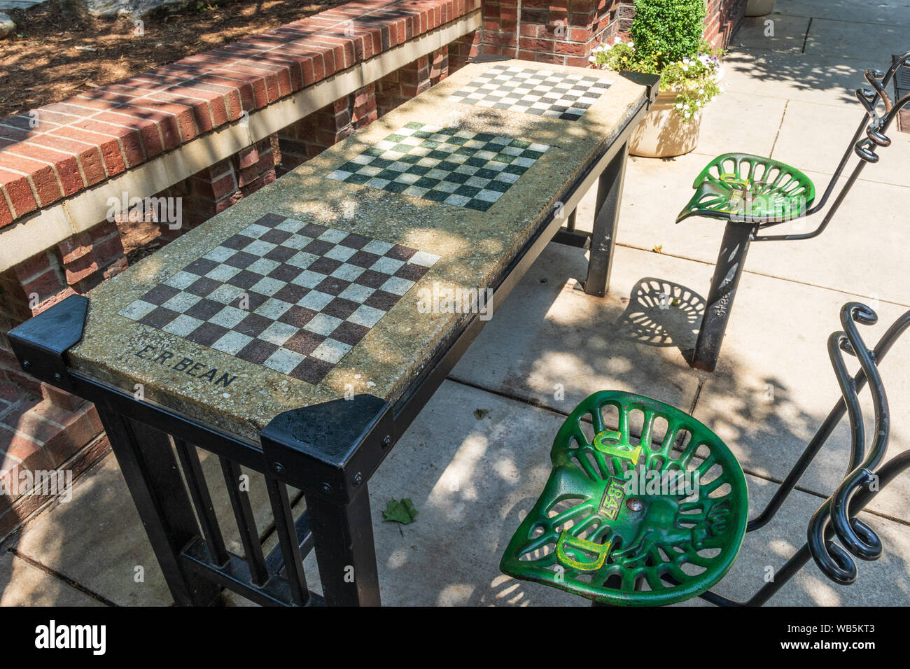 En Asheville, Carolina del Norte, EE.UU. a 10 de junio de 2018: un comprobador permanente/tabla de ajedrez en Pritchard Park en el centro de Asheville. Foto de stock