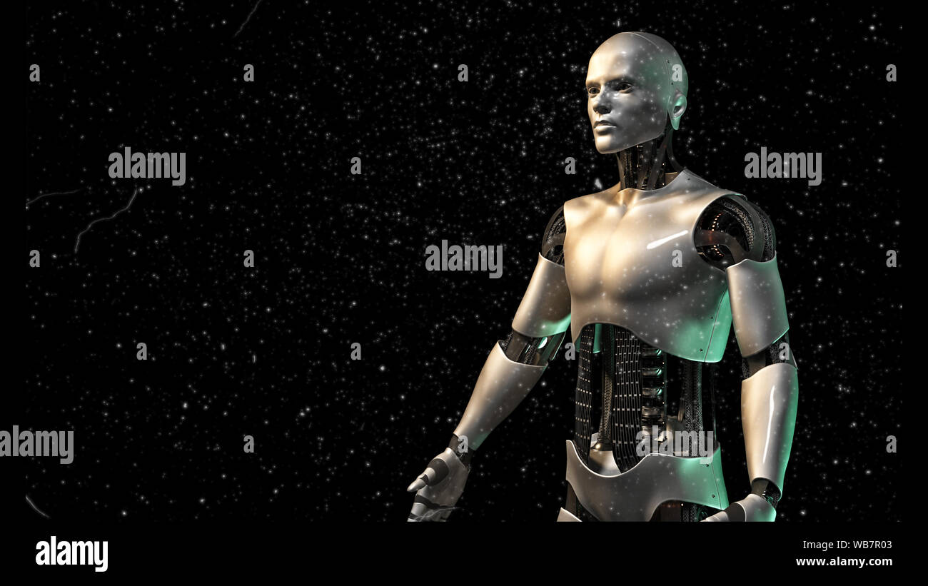 Robot futurista, android brillante hombre rodeado de polvo glitter Foto de stock