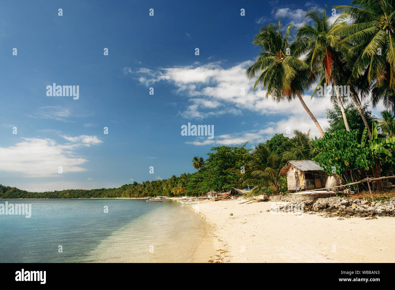 Playa salvaje de arena con aguas color turquesa y verde de los árboles de la isla Cagsalay tropical, Filipinas Foto de stock