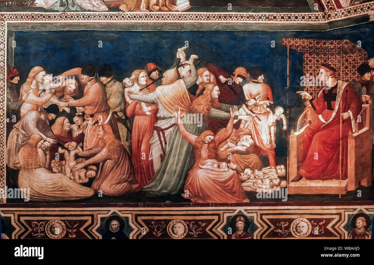 Italia Marche Tolentino San Nicola Basílica - Cappellone - Pietro e GIuliano da Rimini - alrededor de 1320-25, la matanza de los inocentes Foto de stock