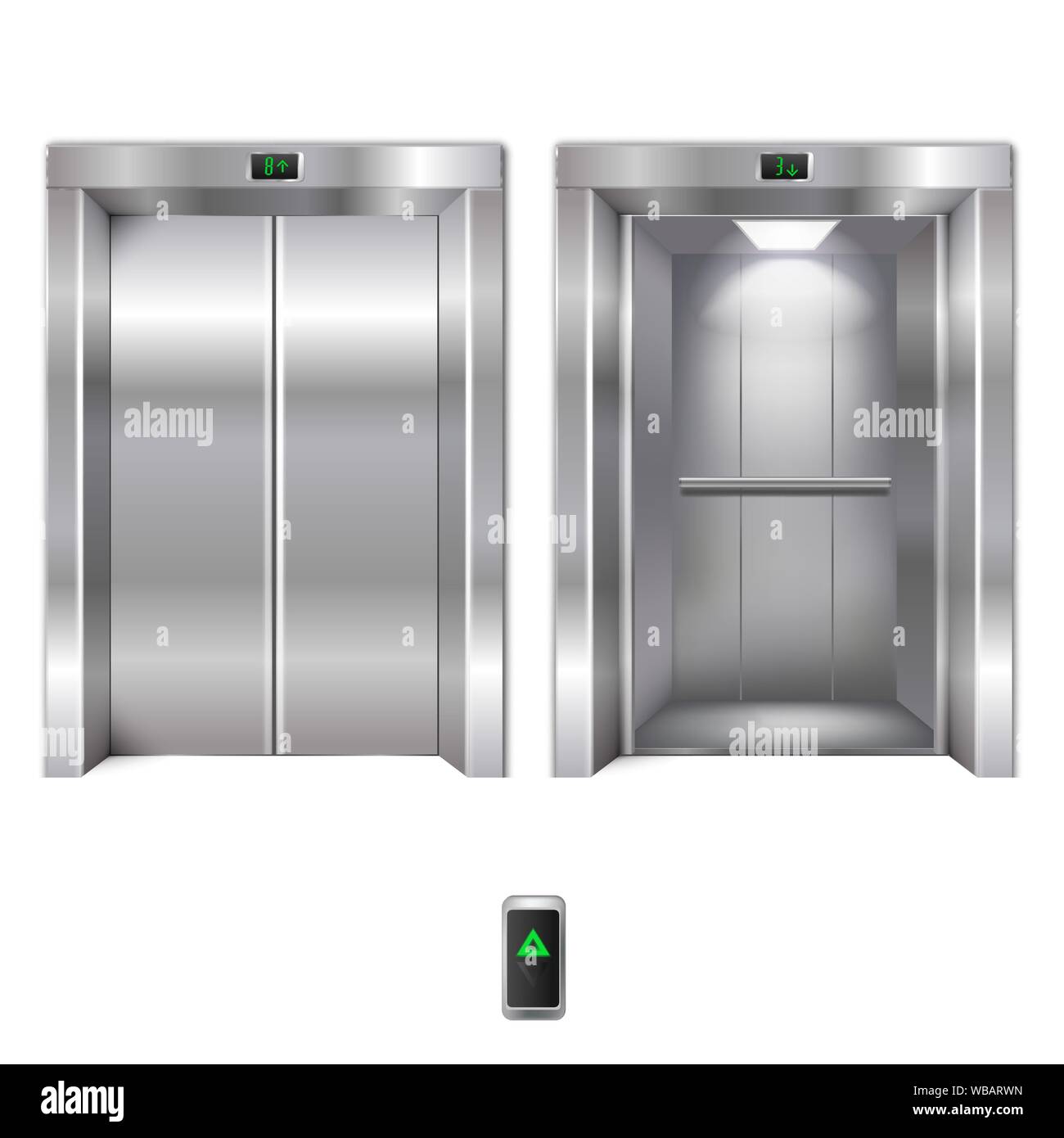 Vector realista Metal cromado abiertas y cerradas las puertas de los ascensores del edificio de oficinas aisladas en fondo Ilustración del Vector