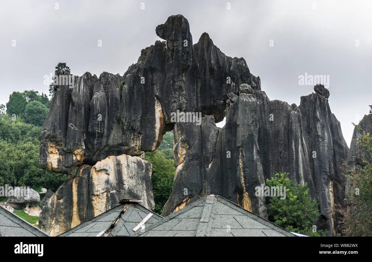 Visita al bosque de piedras, Kunming, Provincia de Yunnan, China. Formaciones de piedra caliza situada en el condado de Shilin Yi autónoma.tomada el 8 de agosto de 2019. Foto de stock