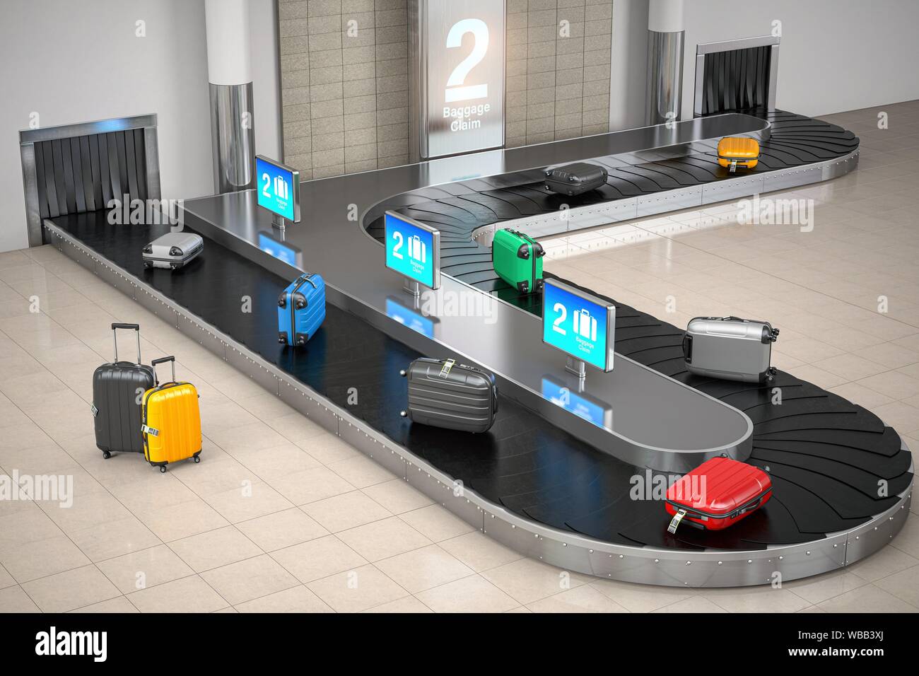 Reclamar el equipaje en la terminal del aeropuerto. Las maletas en la cinta  transportadora de equipaje del aeropuerto. Ilustración 3d Fotografía de  stock - Alamy