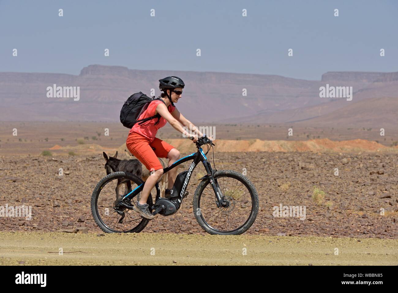 Ciclista de montaña con asistencia eléctrica en un sendero a través de la reg, desde Agdz a Zagora, valle del río Draa, provincia de Zagora, Región Foto de stock