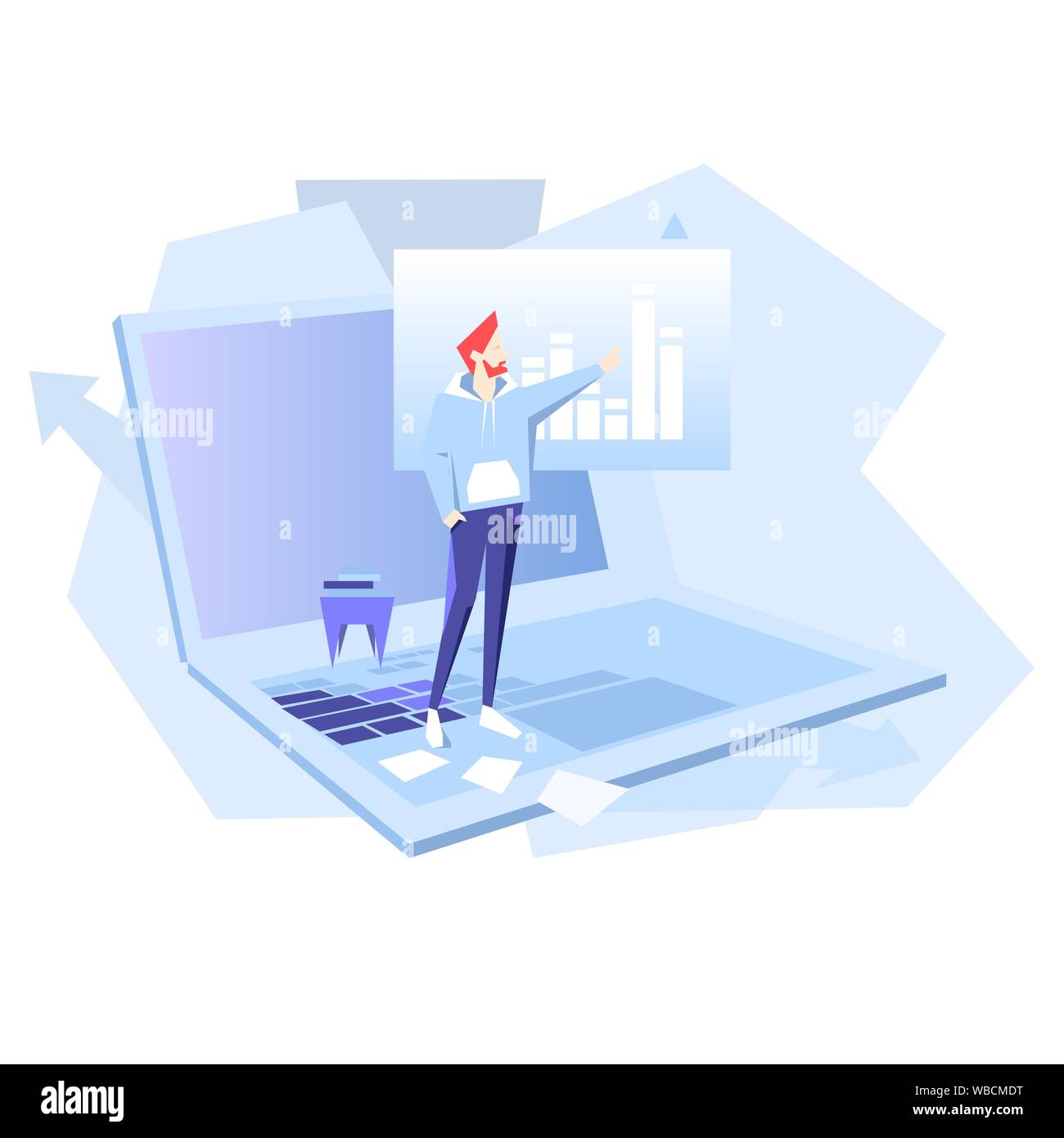 Trabajo en equipo negocios flat ilustración vectorial. El hombre punto en el gráfico. Logotipo Banner plantilla para el sitio web o app infográfico. Ilustración del Vector