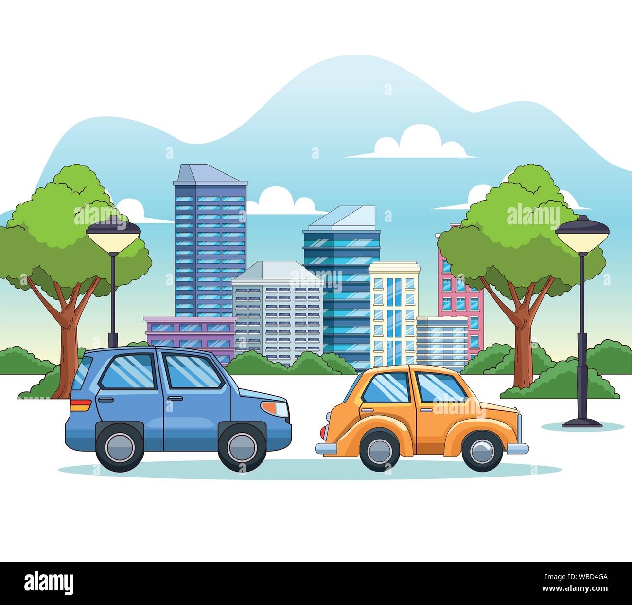Coches de ciudad y paisaje urbano dibujos animados Imagen Vector de stock -  Alamy