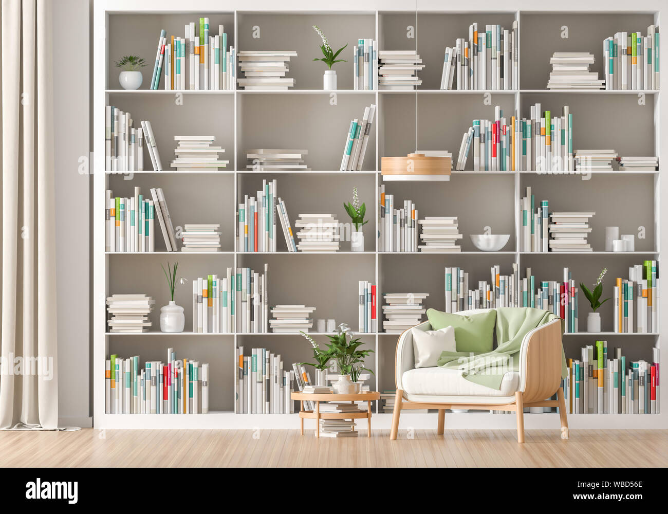 Moderna estantería blanca con colección de libros en la pared en habitación  elegante y luminosa con planta verde y cortina de colores en el apartamento  Fotografía de stock - Alamy