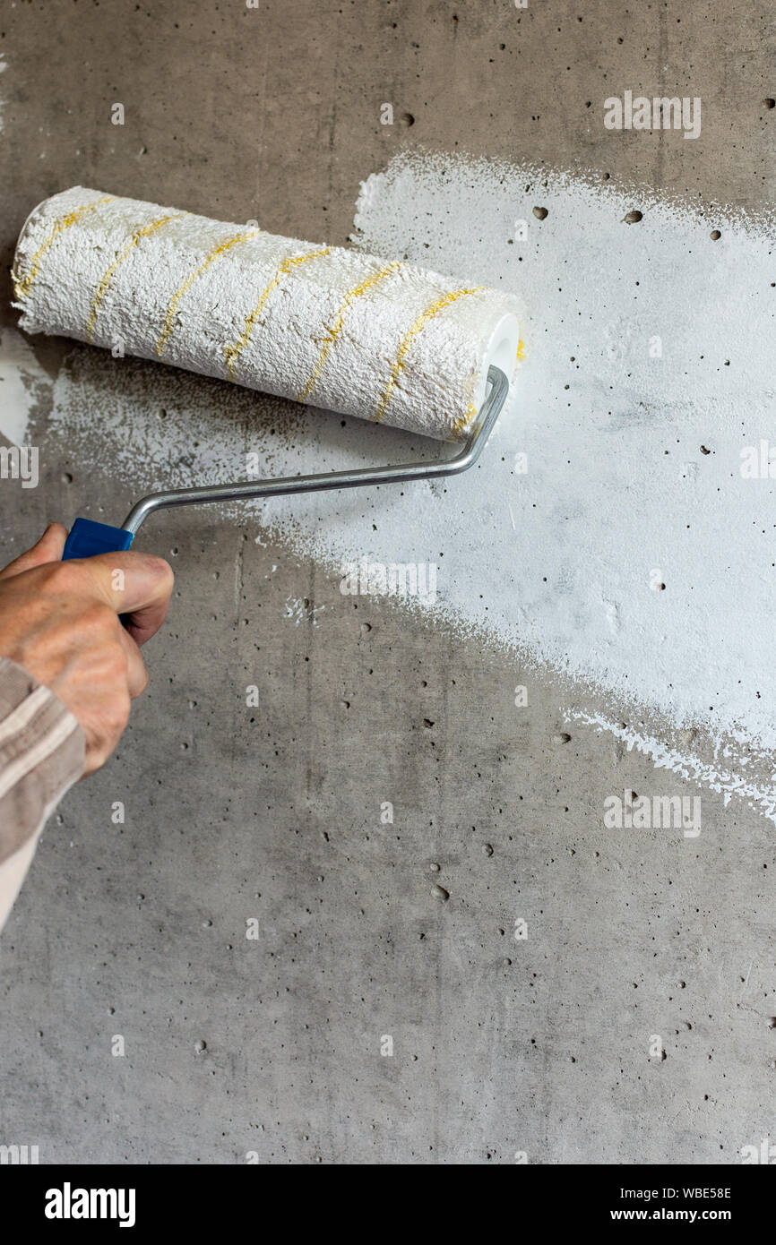 Un pintor pinta un muro de hormigón con pintura blanca, un macho de mano con un rodillo pintura para pintar una pared Fotografía de - Alamy