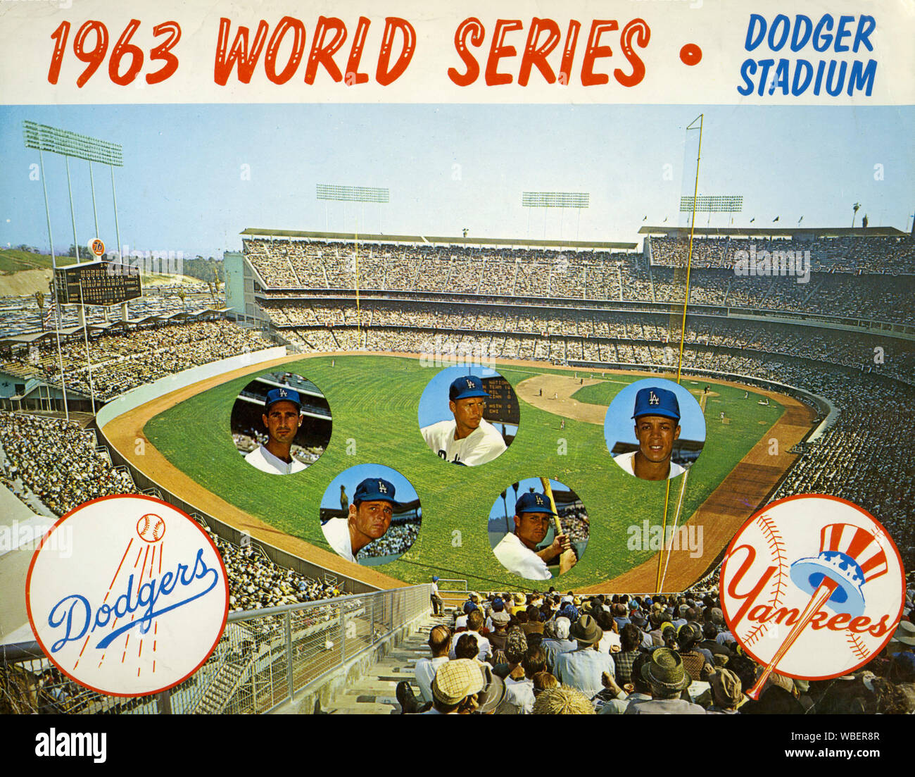 Impresión de recuerdos de la Serie Mundial de 1963 que muestra el Estadio de los Dodger y jugadores estrella de los Dodgers de Los Angeles, que derrotó al New York en cuatro juegos para convertirse en campeones del mundo. Foto de stock