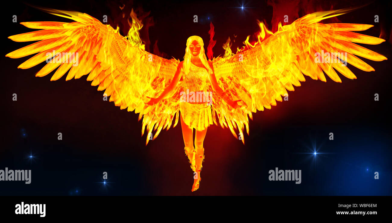 Un arte de un pájaro mitológico conocido como phoenix, una mujer con alas de fuego volando en el espacio de fondo. Foto de stock