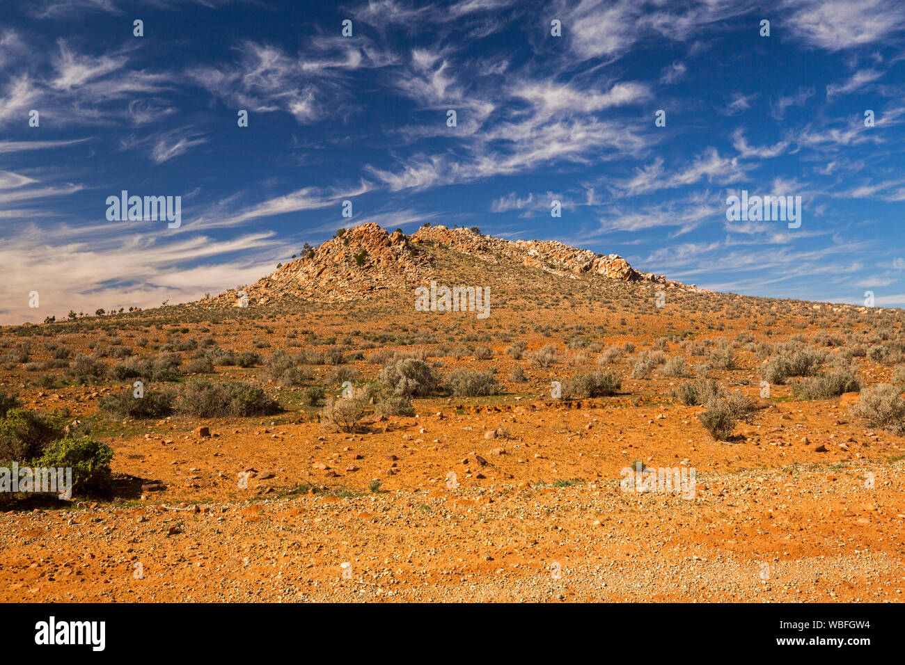 Árido paisaje desierto de grava de Flinders Ranges región con colinas bajas en el horizonte, levantándose en un cielo azul con nubes pecoso en el sur de Australia Foto de stock