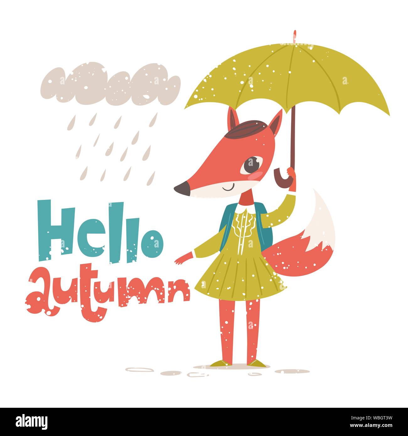 Hola Otoño cartel con Fox con un paraguas Imagen Vector de stock -