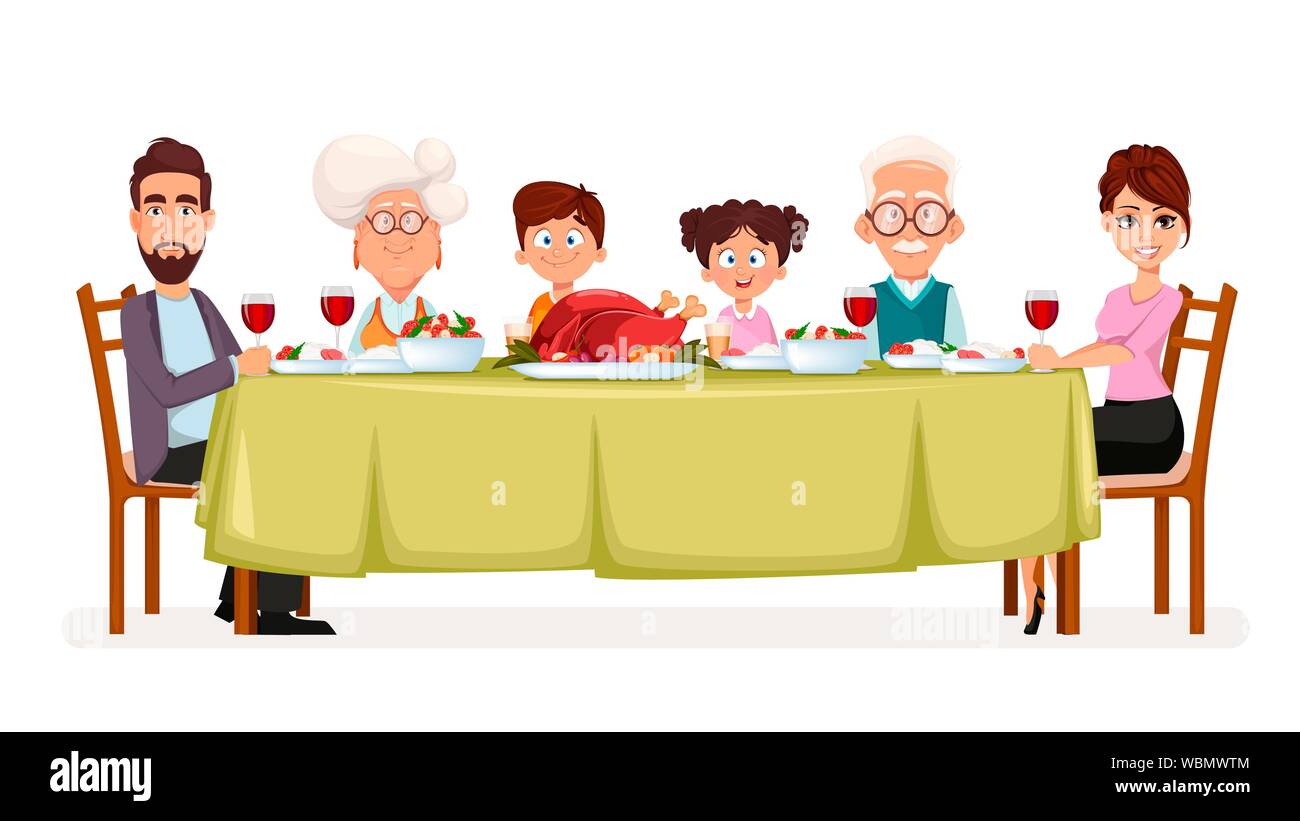 Feliz Día de Acción de Gracias. Familia Feliz disfrutando de comida del día  de acción de gracias en la mesa. Alegre el padre, la madre, la abuela, el  abuelo y los niños.