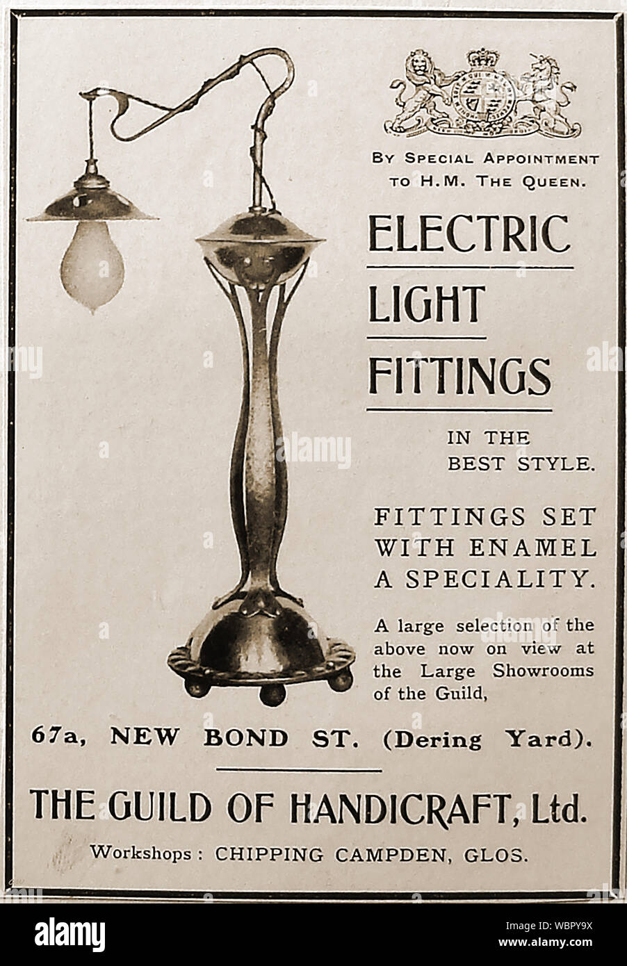 Anuncio Victoriana temprana para la clase alta calidad, accesorios de luz eléctrica vendida por el gremio de la artesanía Ltd, Dering Yard, New Bond Street, Londres, Reino Unido. Foto de stock