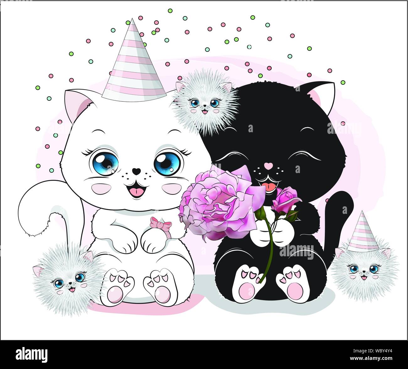 Adorable Cute gatitos blanco y negro poco kittesn Feliz cumpleaños Tarjetas  de felicitación Imagen Vector de stock - Alamy