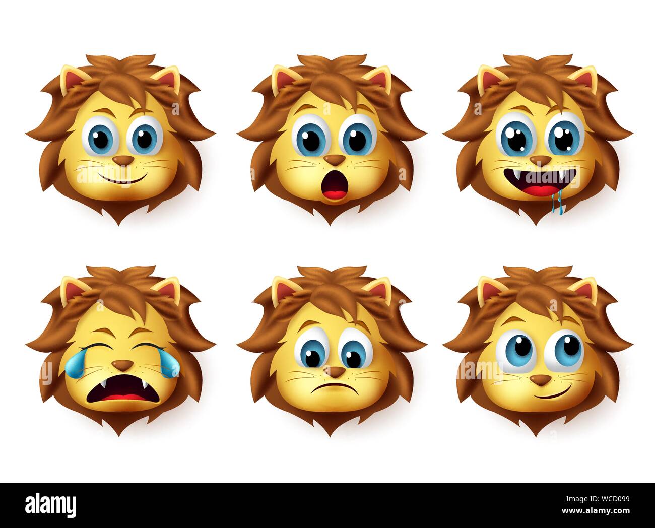 Emoticones de Animales León conjunto de vectores. Los leones emoji y emoticono en lindo feliz expresión facial aislado en fondo blanco. Ilustración vectorial. Ilustración del Vector