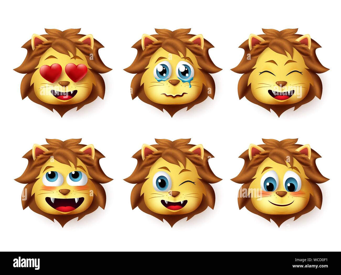 León emoji vector animal. Emoticones de leones con divertidas y inlove expresiones faciales para diseñar elementos aislados en fondo blanco. Ilustración del Vector