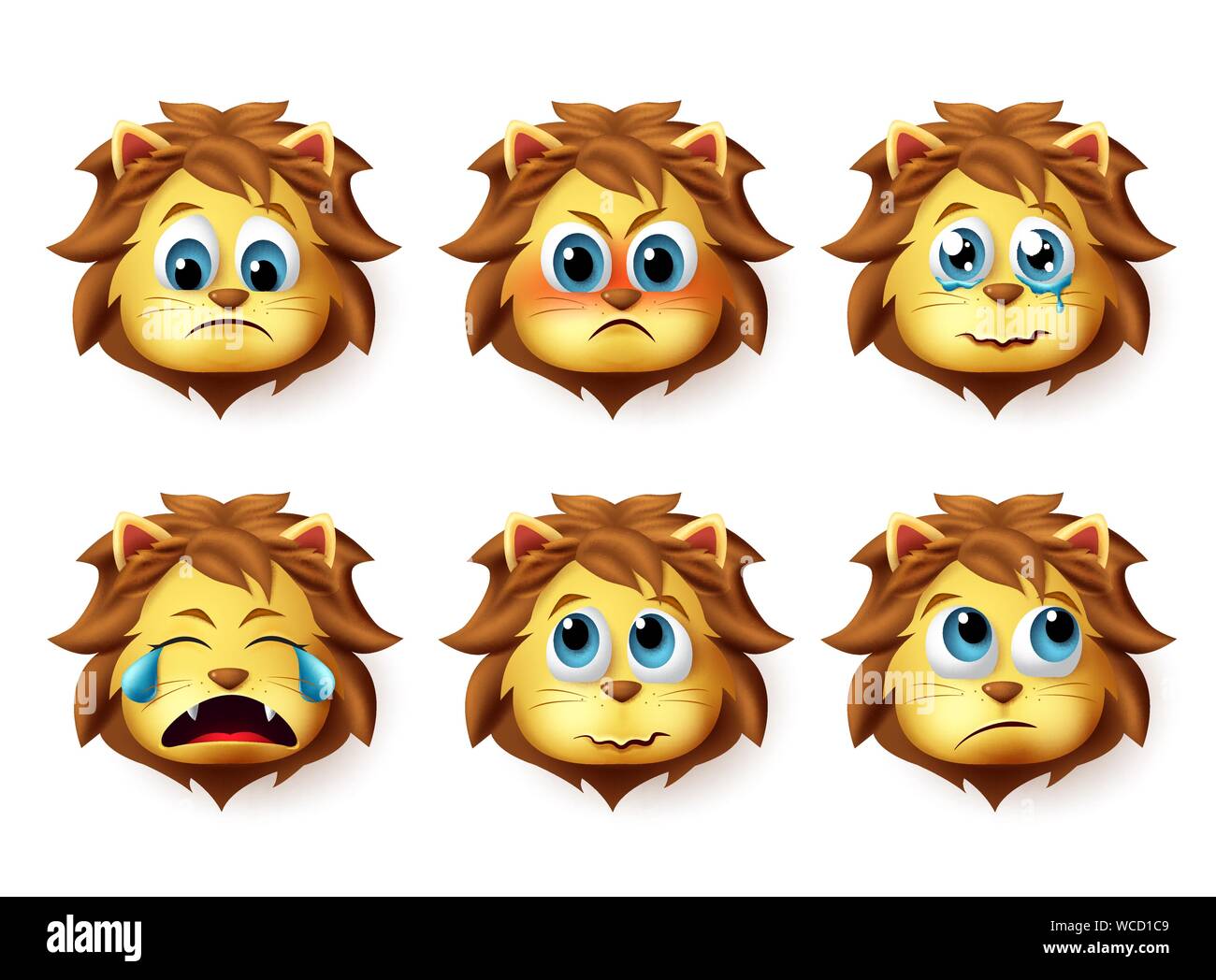 León emoji vector animal. Cute emoji de leones cara triste y enojado emociones y expresiones aisladas en fondo blanco. Ilustración vectorial. Ilustración del Vector