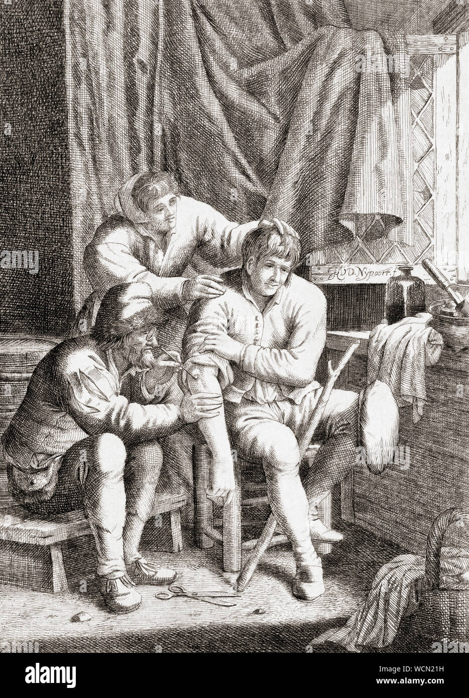 Un cirujano opera en el brazo del paciente en el siglo XVII. Más tarde después de una copia de una obra del siglo XVII por Justus van den Nijpoort Foto de stock