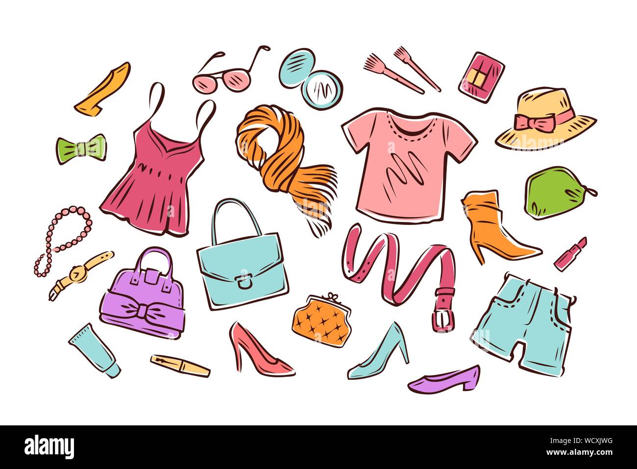 Colección de ropa para mujer. Moda, ilustración de vectores de compras Imagen stock
