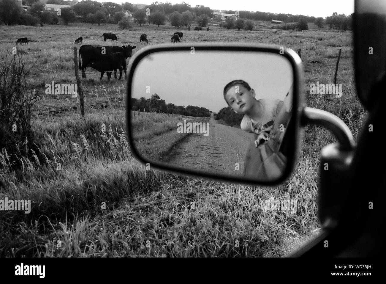 La reflexión de muchacho en espejo lateral inclinado hacia fuera del coche  en el campo de la ventana Fotografía de stock - Alamy