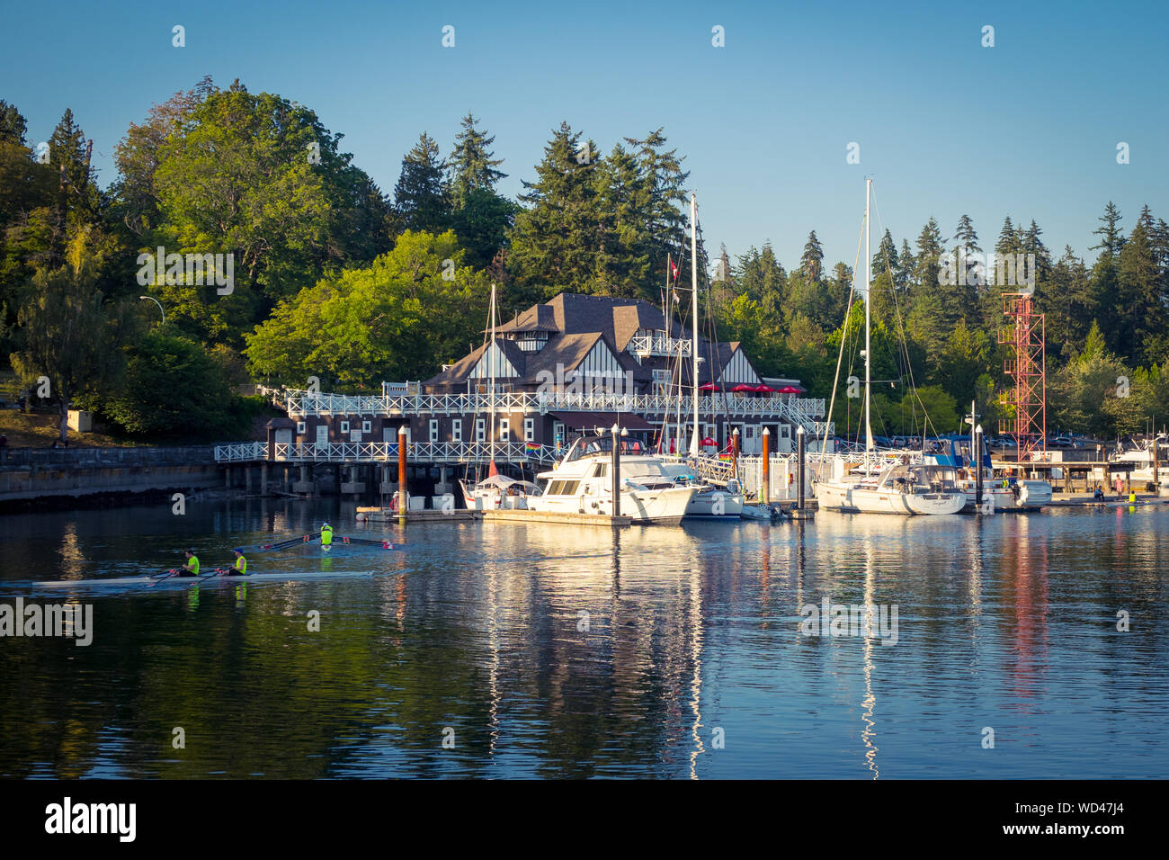Un verano vista de remeros. los botes de remo, y yates en frente del Club de Remo de Vancouver (VRC), Stanley Park, Vancouver, Columbia Británica (BC), Canadá. Foto de stock