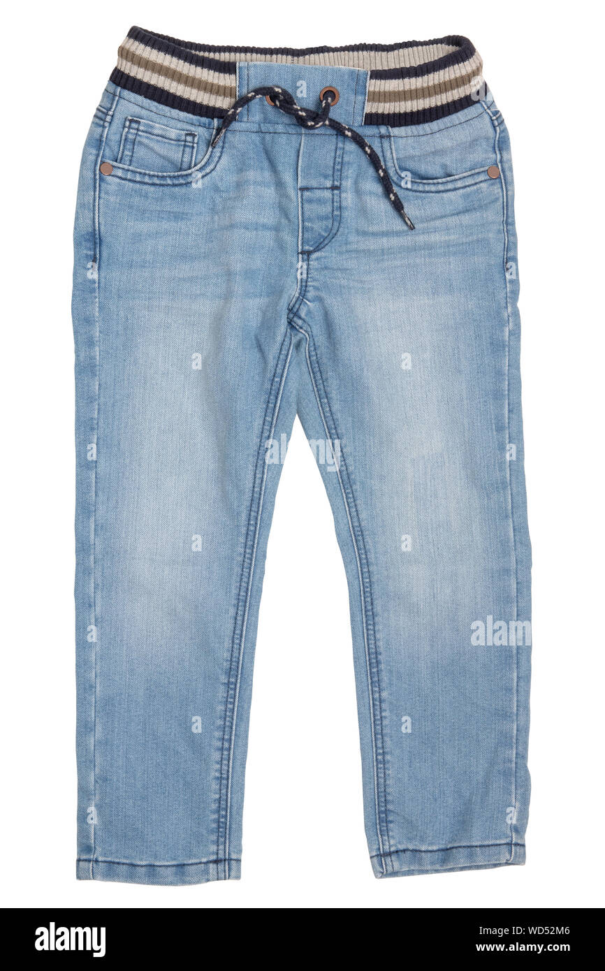 Moda ropa de mezclilla. Moda pantalones vaqueros azules con cinta bow  aislado sobre un fondo blanco. Jeans de moda para bebé Fotografía de stock  - Alamy