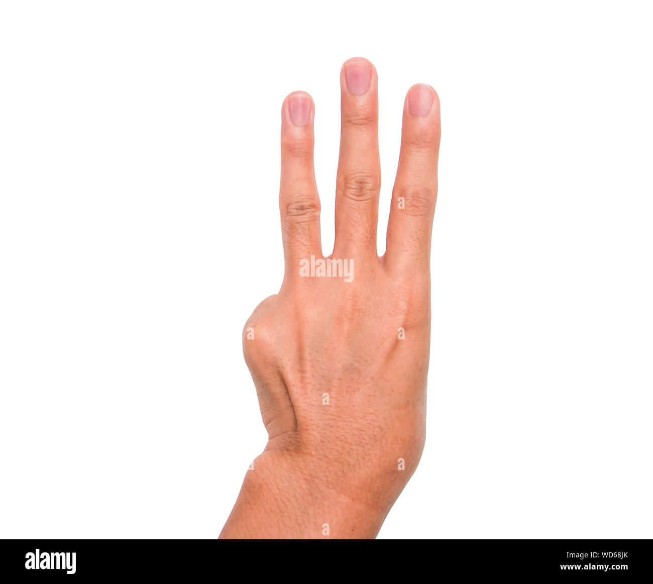 Imagen recortada de la persona mostrando tres dedos contra el fondo blanco. Foto de stock