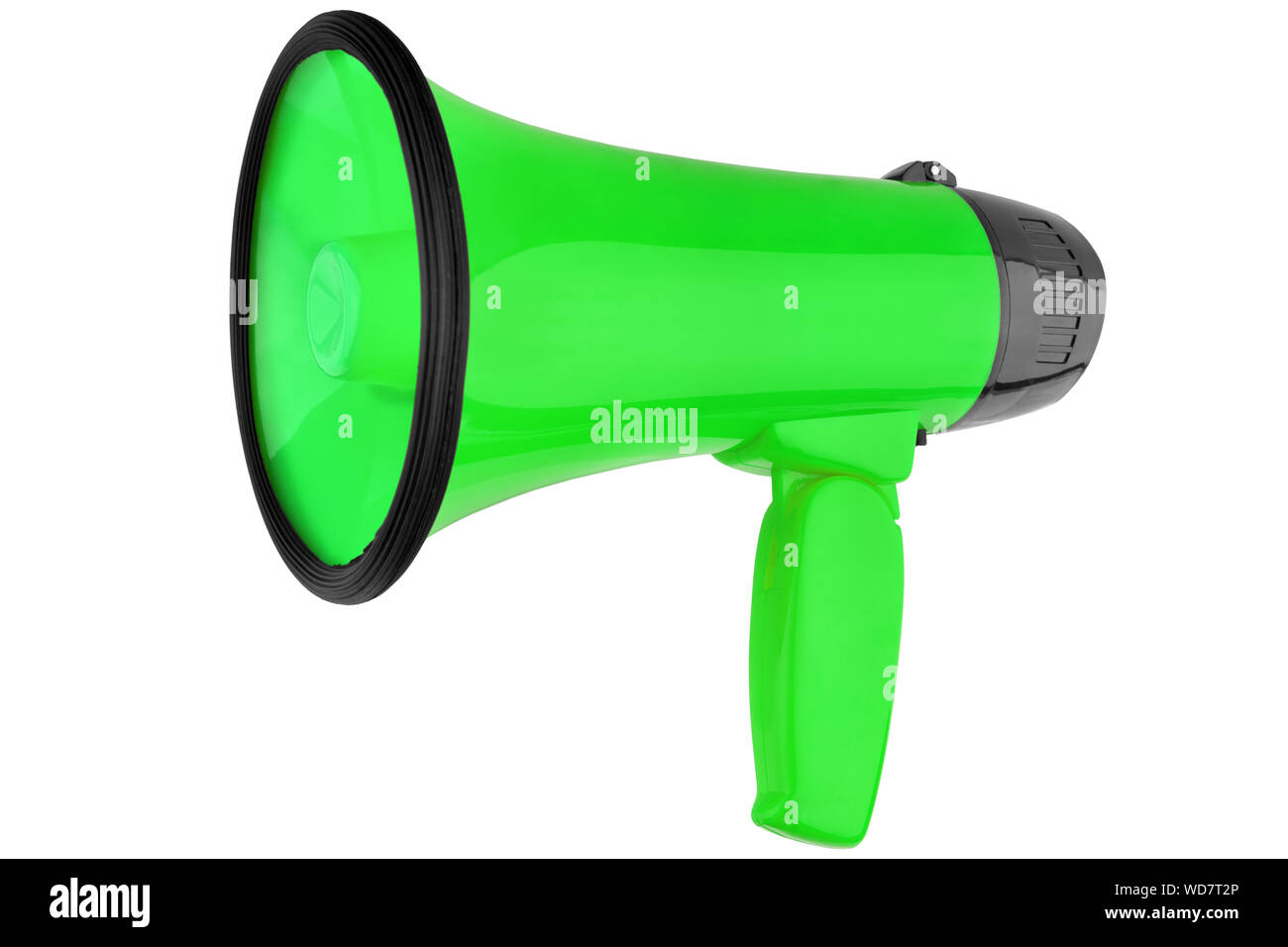 Megáfono verde sobre fondo blanco aisladas, la mano cerca del altavoz, diseño o ilustración de trompeta habla loudhailer anunciar o signo de atención Foto de stock