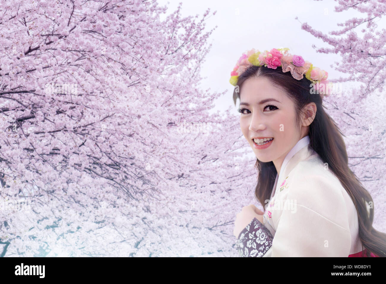 Retrato de mujer sonriente vistiendo Hanbok tradición contra el árbol de cerezo en flor Foto de stock