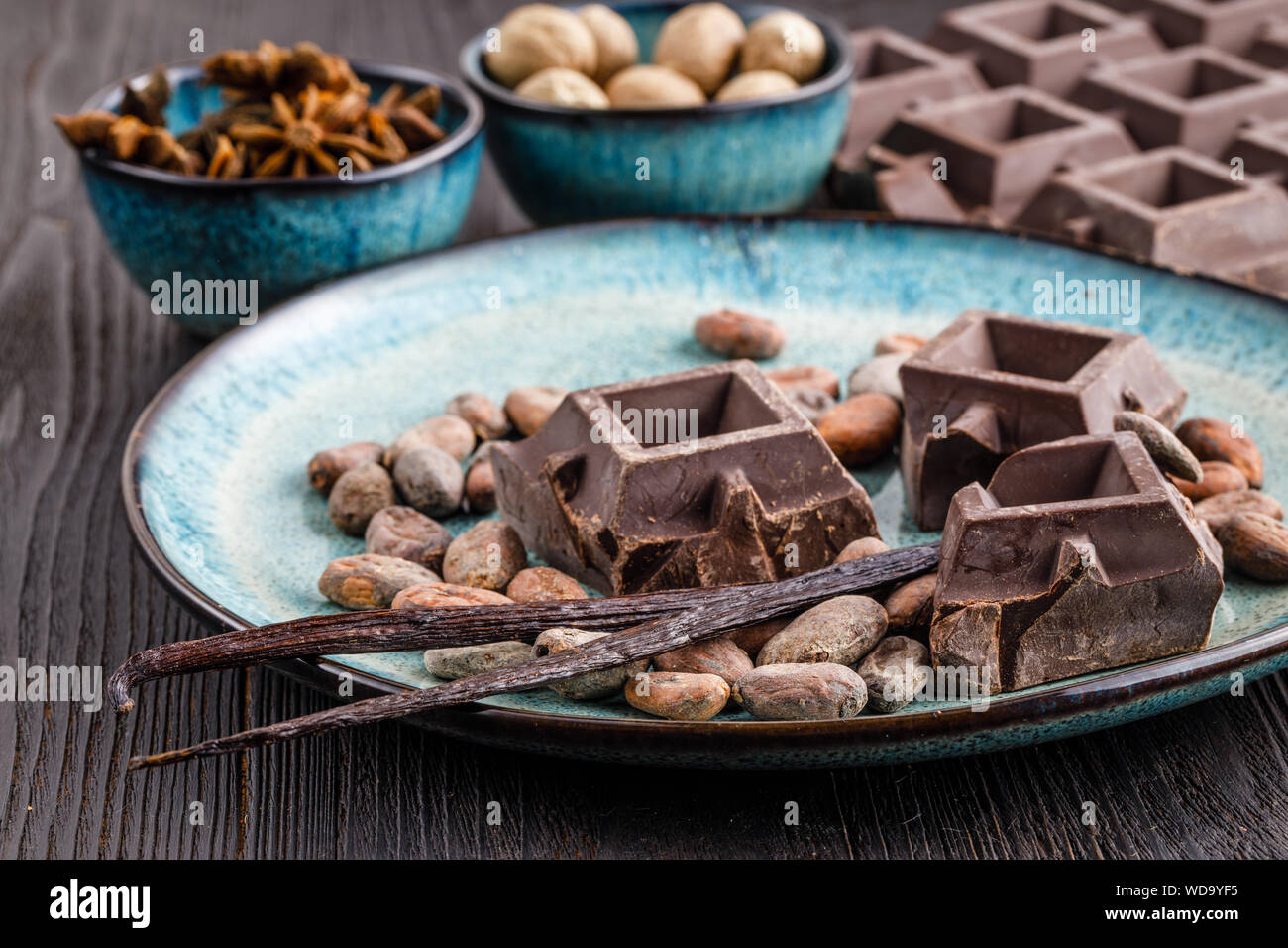 Con el chocolate y el cacao vanila Foto de stock