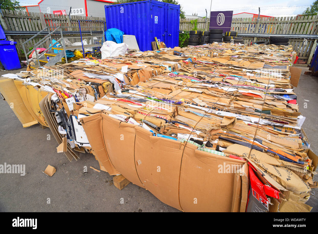 El cartón corrugado reciclado en fardos al centro de reciclaje de residuos domésticos reino unido Foto de stock