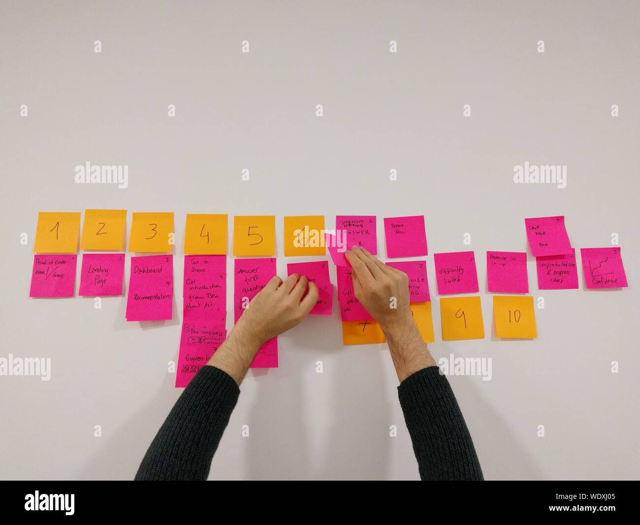 Manos recortadas notas adhesivas pegadas en la pared blanca Fotografía