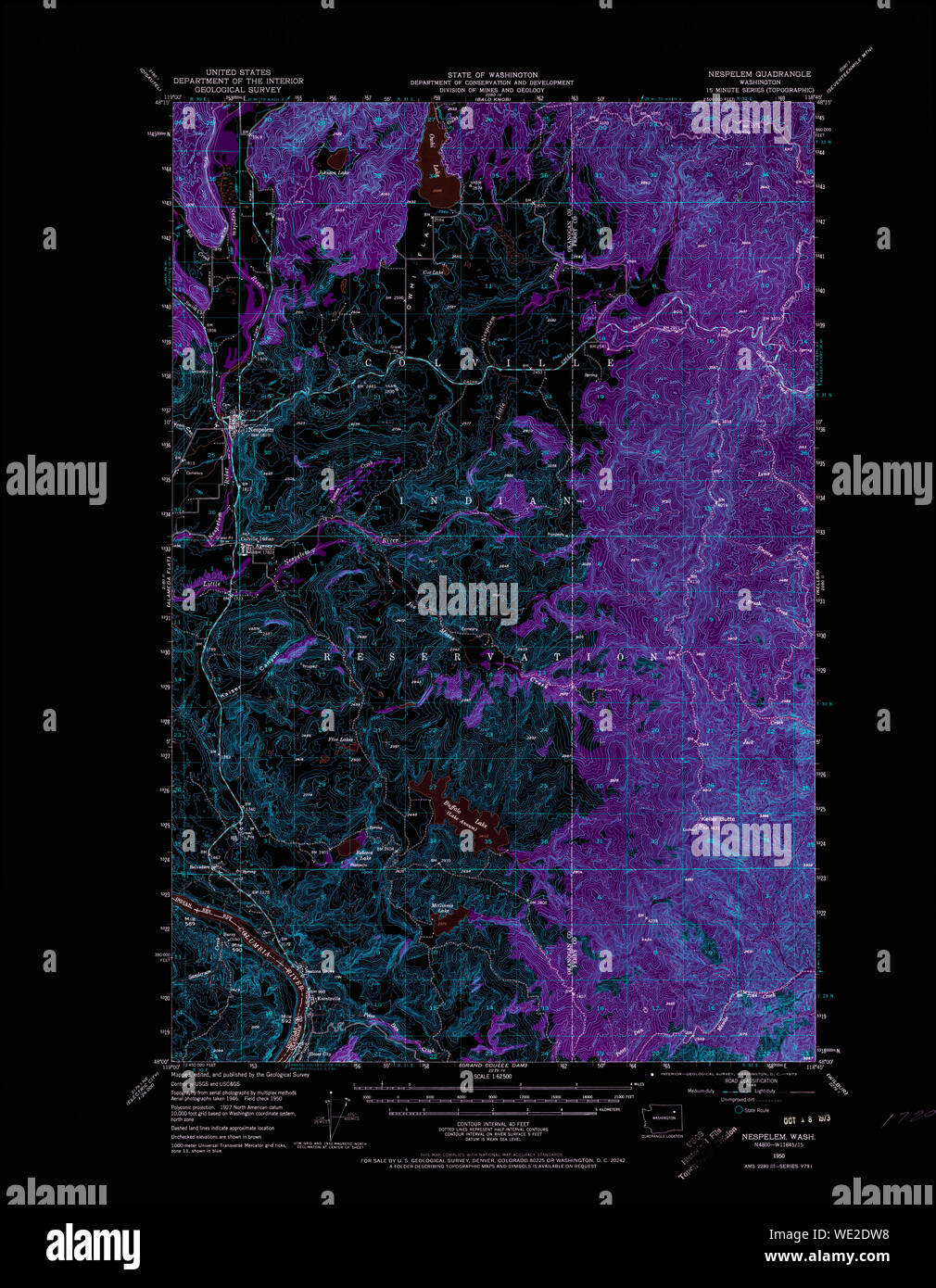 USGS Topo Mapa del estado de Washington Nespelem WA 62500 242793 1950