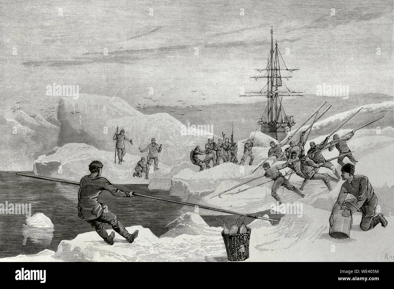 Expedición Ártica británica de 1875-1876. Fue dirigida por George Strong narinas (1831-1915) y fue enviado por el almirantazgo británico para intentar llegar al Polo Norte. Dos buques. "HMS Alert' y 'HMS descubrimiento', capitaneado por Henry Frederick Stephenson, zarpó de Portsmouth el 29 de mayo de 1875. La expedición no pudo alcanzar el Polo Norte; sin embargo, las costas de la isla de Ellesmere y Groenlandia fueron explorados. La tripulación del buque 'alerta', atrapados en la banquisa, la apertura de un canal en el mar helado para hacer la manera para el buque. Grabado de Rico. La ilustracion española y americana, 30 de noviembre de 1876. Foto de stock